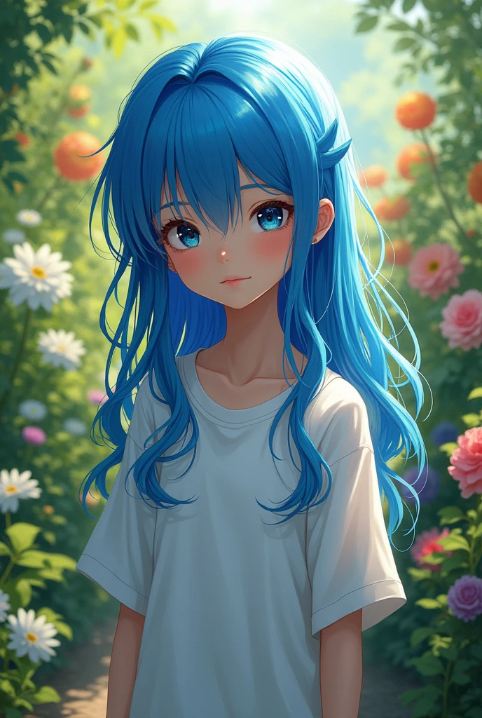A short boy with blue hair his hair shines like blue ruby and is long to his shoulders his hair is long
He is wearing a white shirt and walking in a garden and we can see his face
His face is visible
And the art is realistic not animation
He is slender and thin