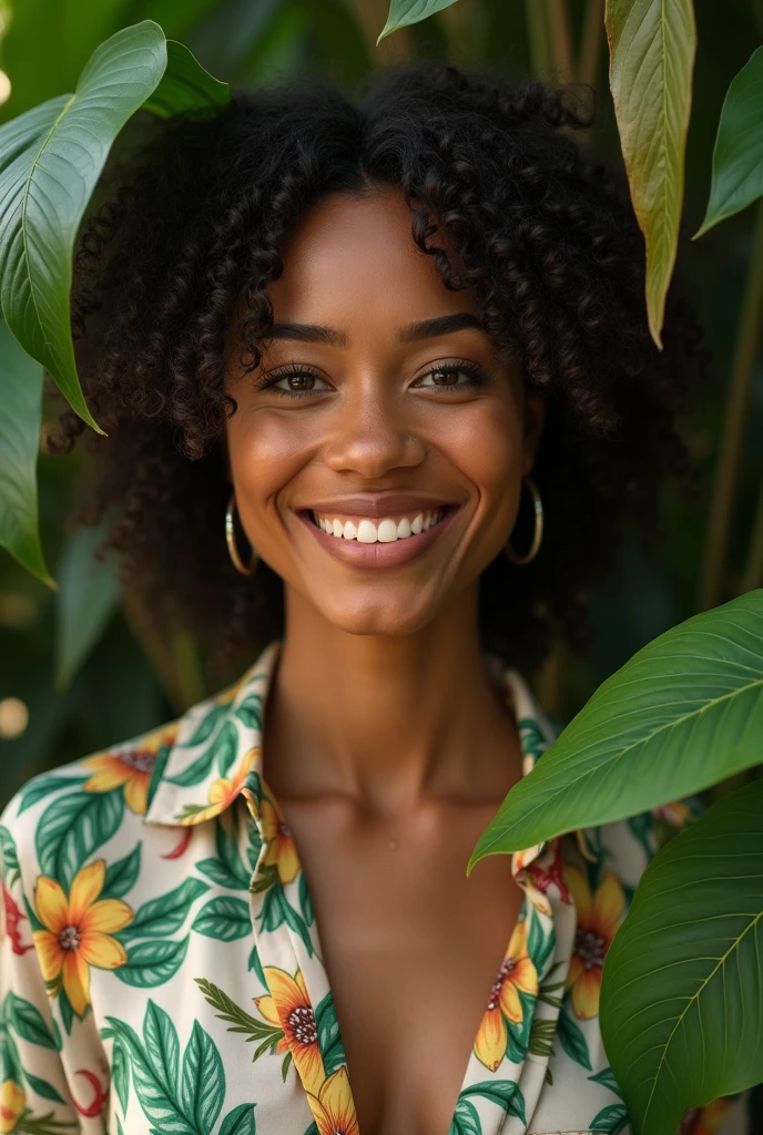 A Brazilian woman in a lush tropical garden, wearing an open shirt with a floral print, with a close-up capturing the harmonious beauty between her breasts and the natural flowers, showing off your natural charm and outgoing personality.