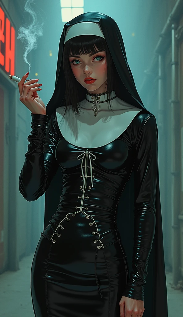 80s style anime girl. Dressed as a dominatrix nun, Smoking a cigarette, dressed in leather, strings on seam of dress, illust, directed by Junji Ito、high detail、Analog style, vhs style, chromatic aberration, Dvd screengrab、Complementary color gradient