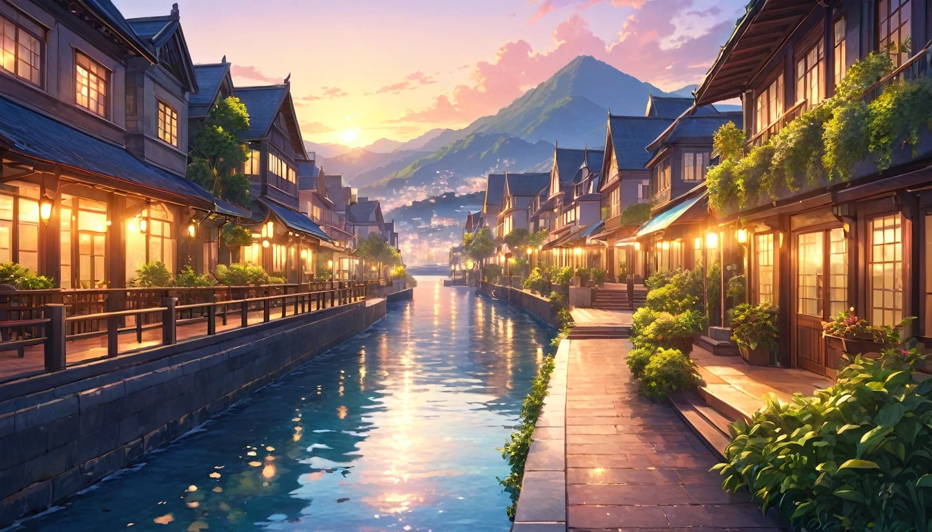 a beautiful scenic walkway in the city at sunset, tranquil sea, anime style, highly detailed, 8k, (best quality,4k,8k,highres,masterpiece:1.2),ultra-detailed,(realistic,photorealistic,photo-realistic:1.37),vibrant colors, soft lighting, serene atmosphere, atmospheric, cinematic, stunning landscape, golden hour, glowing sky, shimmering water, lush greenery, detailed architecture, peaceful ambiance