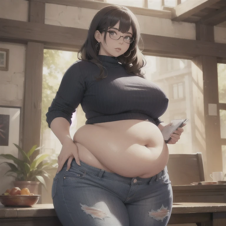 best quality, high rating, 8k, high resolution, beautiful face, gorgeous, masterpiece, ((flawless)), (((high rating))), (highly detailed face), masterpiece, full resolution, highly detailed skin texture, 8k, high resolution, beautiful face, 1woman, stuffed belly, chubby, c.cu(artist), blushyspicy(artist), wide eyes, chubby, nerd girl, stuffed belly, large chubby belly, giant thighs, wide hips, glasses, navy blue jeans, fat ass