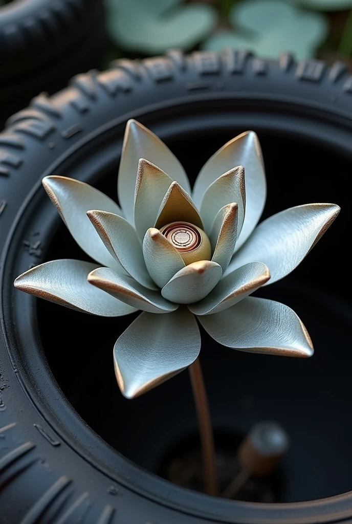 A six-petaled water lily flower made from a soda can against a black tire background.