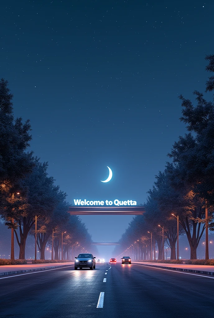 welcome to “Quetta ” written on top of entrance,with double entrance road ,trees on both side of road,futuristic,realistic sky,cars on roads and 4k results .night view with full lights stars and moons with snow fall