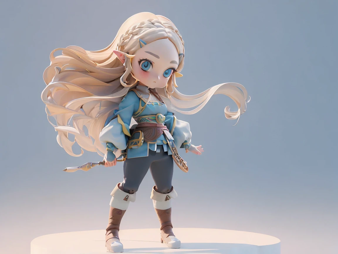 (Full body standing painting), solo, tmasterpiece,best qualtiy,8k, Clearandcleanbackground, microclose-up, 01wawa, 1girll, solo, Princess Zelda, Blue eyes, blue clothes, blonde hair, long detailed hair, brown boots (perfect detail eyes:1.2), (High quality:1.2), (High detail:1.2), (Masterpiece:1.2), (Extremely detailed:1.2), illustration,paint brushes, solo, (white background), simple backgound, Masterpiece, Best quality, illustration, , beautiful detailed glow, Beautiful detailed eyes, midriff, big forhead, tchibi, A full-body masterpiece, Best quality at best, angry face, angry expression