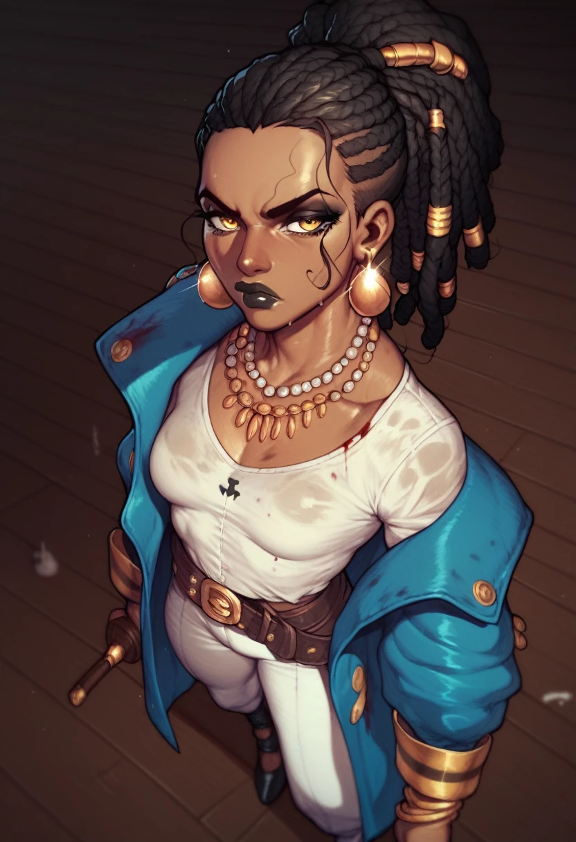 high angle pov. black pirate woman with long dreadlocks tied in a ponytail, black lipstick, yellow eyes clothes covered in blood, small breasts, dirty blue coat, white oversize pants, white shirt, serious face, belts all over her body, stormy weather, dark sky, on ship, golden earrings and necklaces, walking menacingly 