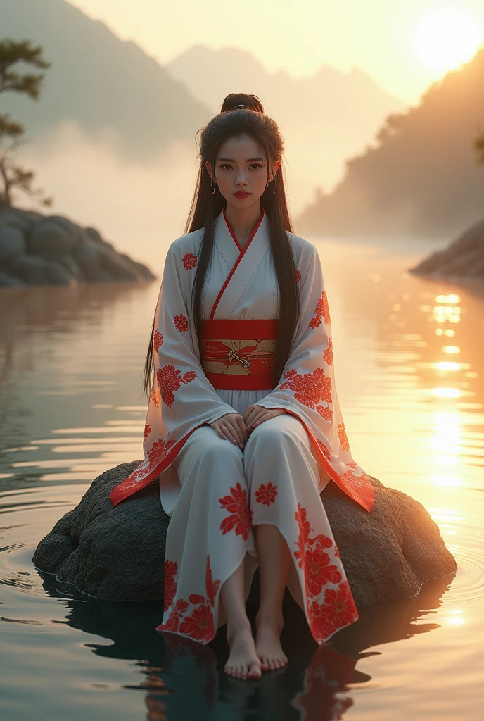 an illustration of an Asian woman in a white kimono decorated with a red pattern with long dark auburn hair and black eyes, she is sitting on a rock in the middle of the water with her feet in the water, she is looking at the camera with a intensity of love, Asian mountainous and foggy landscape background, semi-realistic manga style, it's dawn, created with Unreal Engine 5 for graphics, rendering depth and mist highlighted by Nikon d7500, use of Nvidia graphics performance