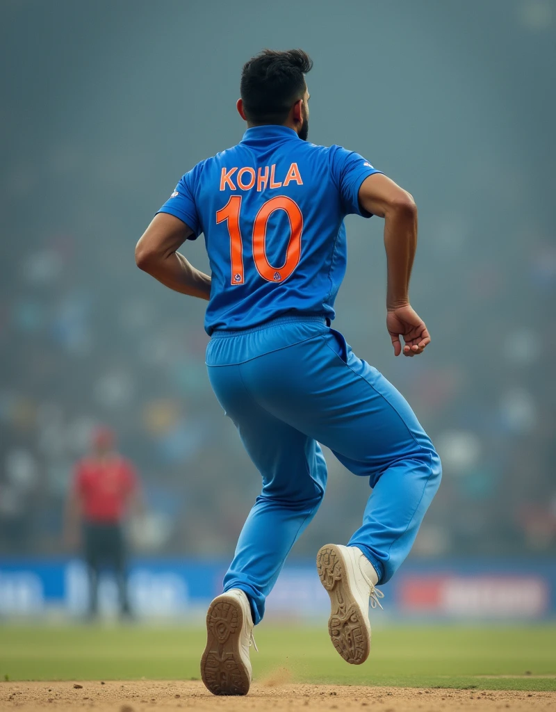 Show me a back view of cricket player Virat Kohli bowling with INDIA written on the back of his blue jersey and wearing white sneakers,drop shadow, anaglyph, stereogram, tachi-e, ass pov, atmospheric perspective, 8k, super detail, best quality