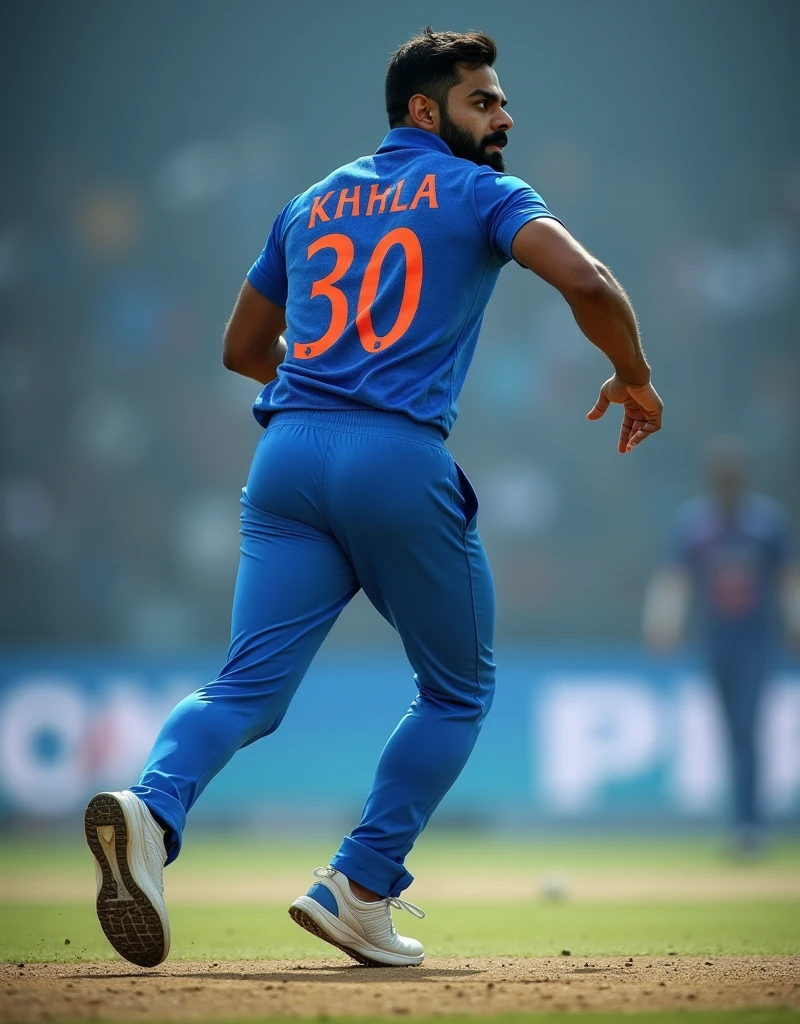 Show me a back view of cricket player Virat Kohli bowling with INDIA written on the back of his blue jersey and wearing white sneakers,drop shadow, anaglyph, stereogram, tachi-e, ass pov, atmospheric perspective, 8k, super detail, best quality