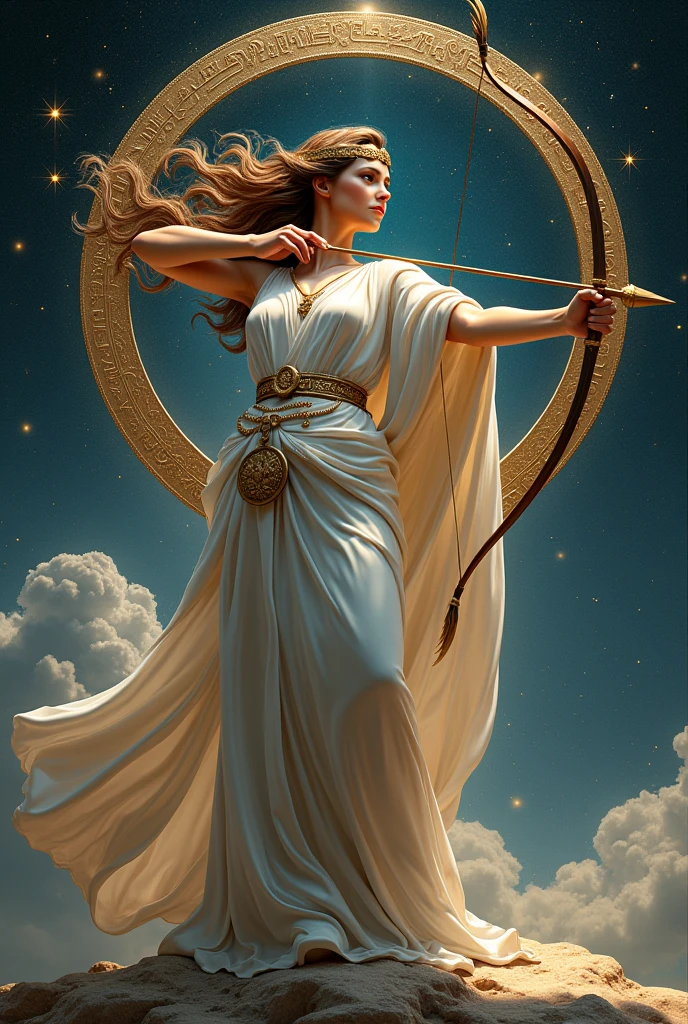 A Greek goddess aiming a bow and.background the.Sagittarius zodiac sign