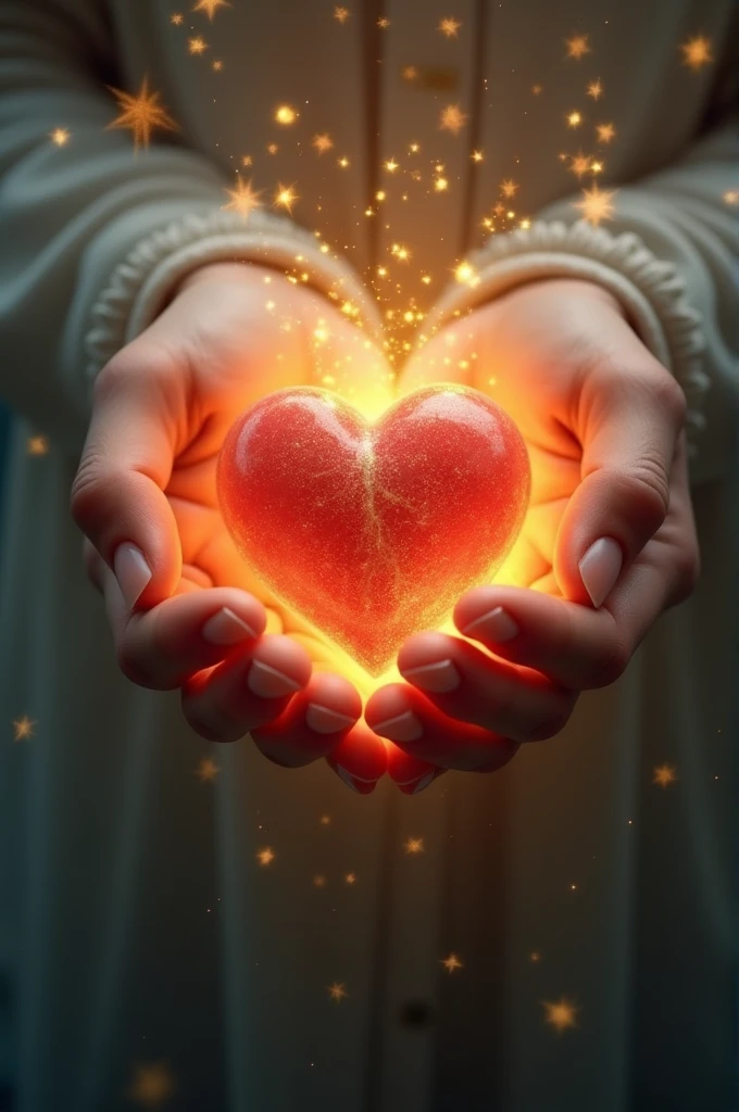 Create some hands holding a human heart while it has golden sparkles around it