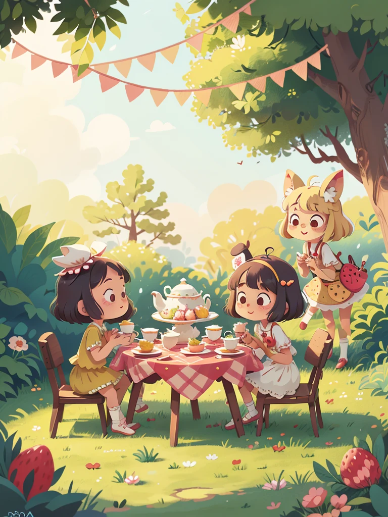 Nara is a girl, she and her friends are enjoying a tea party in a whimsical outdoor setting. Teacups, pastries, and strawberry-themed decorations are spread out on a cute table. vintage kawaii doodle illustration style, line art doodle cute illustration