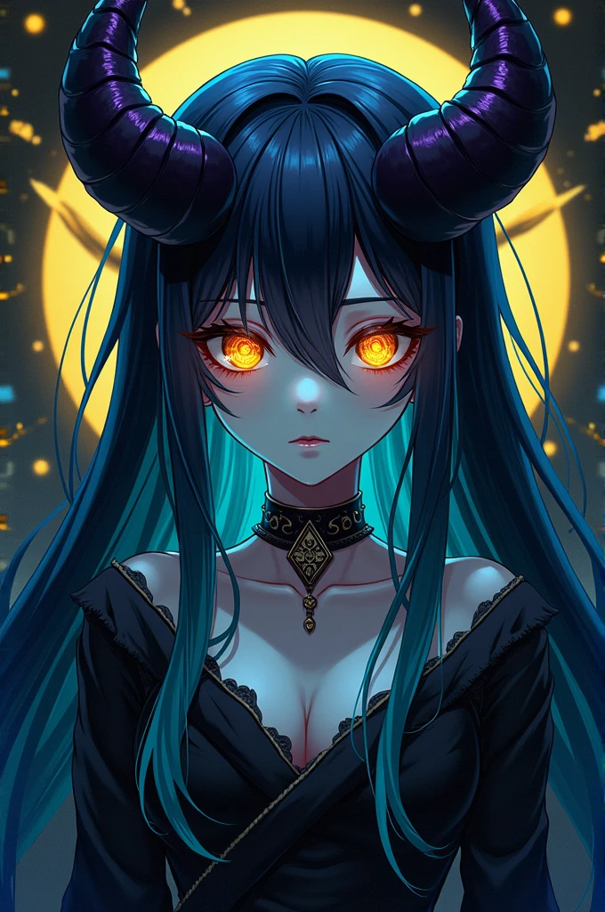 Create a stylized, dark fantasy anime character with a striking and eerie appearance. The character has long hair with a gradient of dark shades, transitioning between black, deep purple, and turquoise highlights. Their skin is a pale, almost ghostly blue, with glowing yellow eyes that have intricate, fiery patterns. The character wears a choker and has large, dark wings or horns emerging from their head, giving a demonic yet regal look. The background is predominantly black, with golden and dark accents that enhance the character's menacing and mystical aura. The character exudes an aura of power and mystery, with a haunting and captivating expression