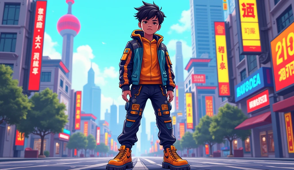 Asian young black boy, full body, wearing tech-style clothing, city street and Shanghai landmarks in the background, highly detailed, vibrant, colorful, bright background, Pixiv style, illustration style, low-angle view,