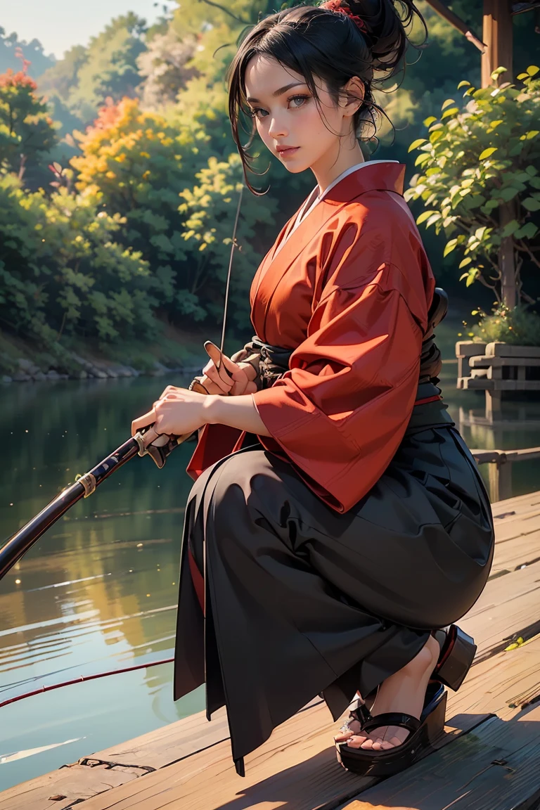 ((masterpiece, highest quality, Highest image quality, High resolution, photorealistic, Raw photo, 8K, Extremely detailed CG unified 8k wallpaper)), Fishing Samurai girl, black hair tied back, detailed beautiful face, detailed female hands, wearing red kimono and black hakama, holding a fishing rod, Caught a big fish, (Crouching on a wooden bridge, holding a fishing rod and casting the line into the river:1.3), viewed from the side.