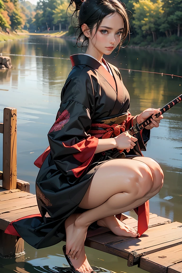 ((masterpiece, highest quality, Highest image quality, High resolution, photorealistic, Raw photo, 8K, Extremely detailed CG unified 8k wallpaper)), Fishing Samurai girl, black hair tied back, detailed beautiful face, detailed female hands, wearing red kimono and black hakama, holding a fishing rod, Caught a big fish, (Crouching on a wooden bridge, holding a fishing rod and casting the line into the river:1.3), viewed from the side.