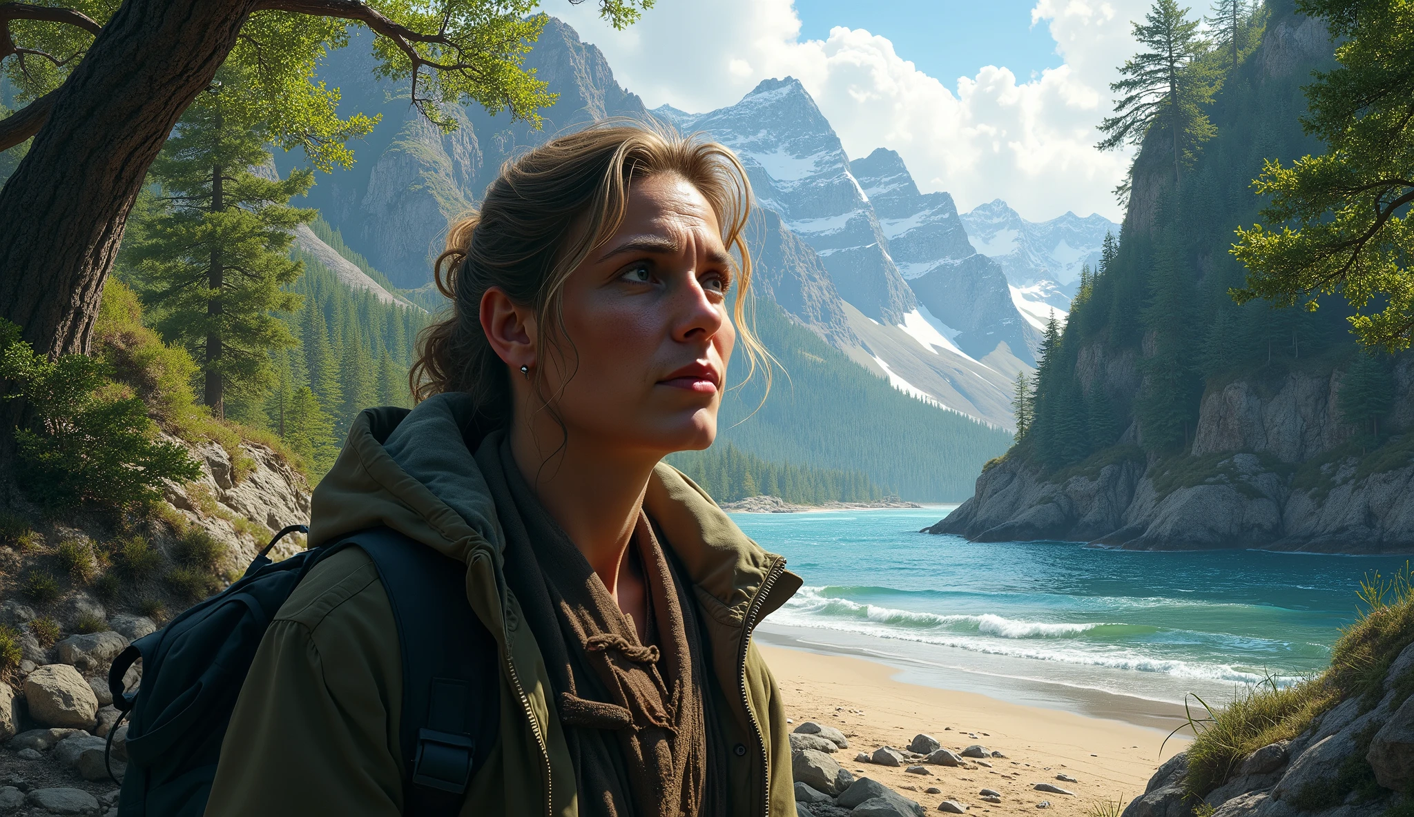 Create an exceptionally detailed and realistic portrait of an individual, captured with the highest level of fidelity to lifelike textures and expressions. The subject should be portrayed with intricate attention to facial features, skin texture, and natural expressions, evoking a deep sense of realism and emotional depth.
Position the person within a breathtaking natural landscape, such as a lush, dense forest with towering trees and dappled sunlight filtering through the canopy, a majestic mountain range with snow-capped peaks and rugged terrain, or a serene beach with crystal-clear waves gently lapping at the shore. The environment should be rendered with meticulous detail, including the textures of leaves, the play of light on water, or the granularity of rocks and sand.
Employ a photographic realism style to ensure the image achieves a true-to-life quality, with crisp, clear details and a vivid, accurate representation of colors and textures. The lighting should be dramatically impactful, featuring strong contrasts and deep shadows that enhance the contours and depth of both the portrait and the natural scenery. This dramatic illumination should create a compelling interplay between light and shadow, emphasizing the subject’s features and the surrounding environment.
The composition should harmoniously integrate the portrait with the landscape, ensuring a seamless connection between the individual and the natural world. Aim for a sense of profound depth and realism, making the scene feel almost tangible and immersive, while capturing the grandeur and beauty of the setting.