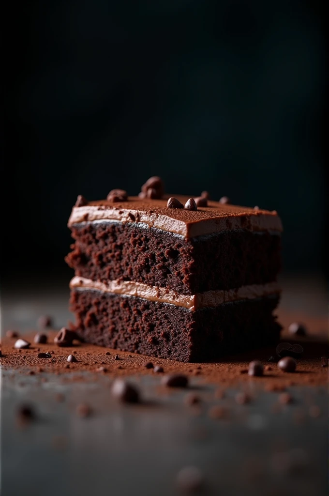 cinematic film still chocolate, chocolate cake, dark background, quality photo, moist texture, frosting, studio photo, slice . shallow depth of field, vignette, highly detailed, high budget, bokeh, cinemascope, moody, epic, gorgeous, film grain, grainy