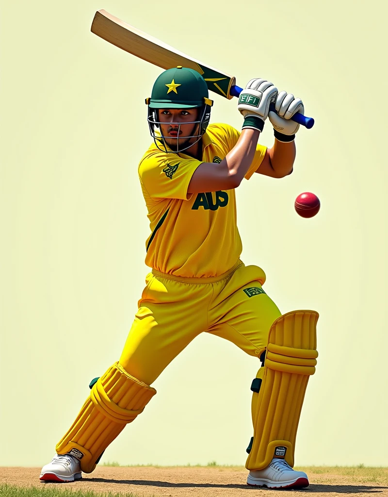 Give me a yellow jersey with AUS written on it. Wearing white sneakers. The cricket player is wearing a dark green helmet. He holds the cricket bat with both hands and swings the cricket ball.，顶光drop shadow, anaglyph, stereogram, tachi-e, ass pov, atmospheric perspective, 8k, super detail, best quality