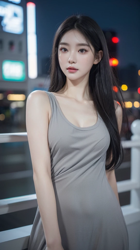 ((City entertainment district street)), ((Look at the camera with a slight smile)), ((Standing wearing a long gray one-piece dress made of clingy cotton material.:1.4)), ((long black hair:1.3)), ((Night view of the entertainment district:1.3)), ((City night view)), tired expression, Intentional quality, very detailed 티커 통합 8k, 1 girl, korean girl, very beautiful face, (photo realistic:1.4),(masterpiece, 4K, 최Intentional quality, very detailed), photo현실적인 eyes, very detailed 얼굴, detailed lips, Ordinary Hand, shiny lips, glossy face, pale milky white porcelain skin, smooth translucent white skin, skin care brand photo shoot, Woman with porcelain skin,