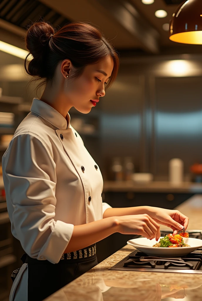 Create a side-profile shot of a beautiful female chef in a luxurious kitchen. She is actively cooking, surrounded by various kitchen utensils. The kitchen environment is elegant, with a warm yellow color scheme that highlights the sense of luxury