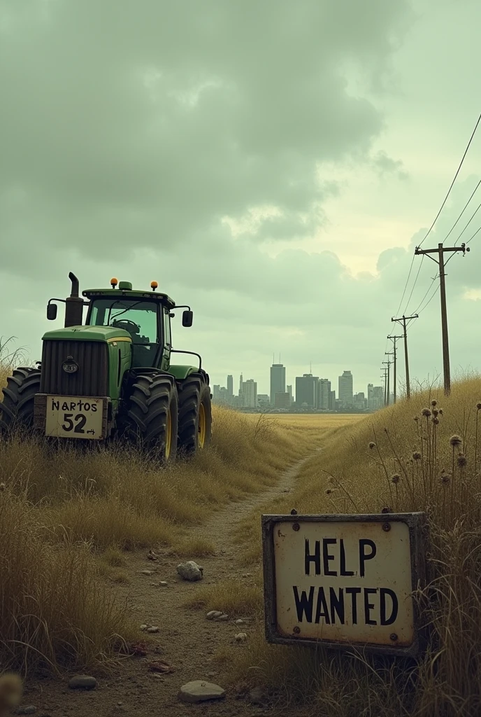 Create a dramatic illustration depicting a future where farmers have abandoned their fields. Show barren agricultural land with overgrown weeds and abandoned farming equipment. Include a distant cityscape with rising prices indicated by skyrocketing price tags on fruits and vegetables. The sky should be overcast to reflect a somber mood, and add elements like "Help Wanted" signs in the foreground to symbolize the search for new job opportunities.