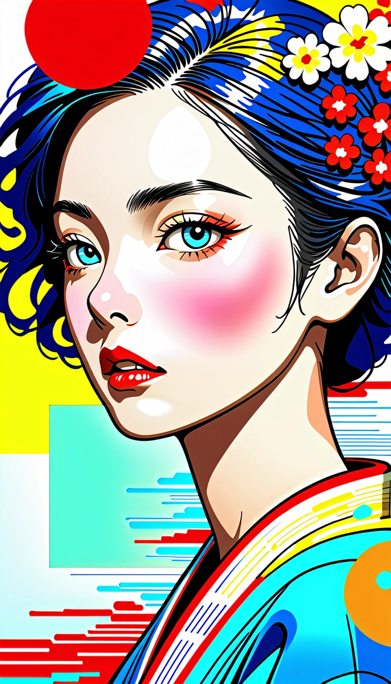 From a collage that mixes retro elements、Create dramatic contemporary digital art portraits。, Surrealism, And vintage aesthetics, Focus on intricate details、It depicts a beautiful japanese woman's full body in a relaxed pose with a dramatic, neutral expression, Detailed Hand,Long hair fluttering in the wind、Earrings、necklace、Pale color gradation