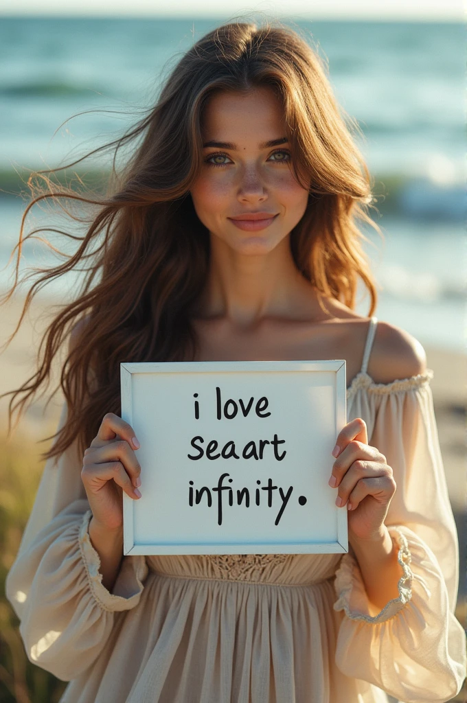 Beautiful girl with wavy long hair, bohemian dress, holding a white board with text "I Love Seaart Infinity" and showing it to the viewer