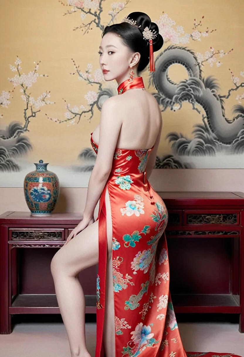 The empress of the Qing Dynasty is wearing a red floral patterned dress, completely naked, with her profile showing and her buttocks sticking out, posing in the luxurious palace of the empress of the Qing Dynasty.