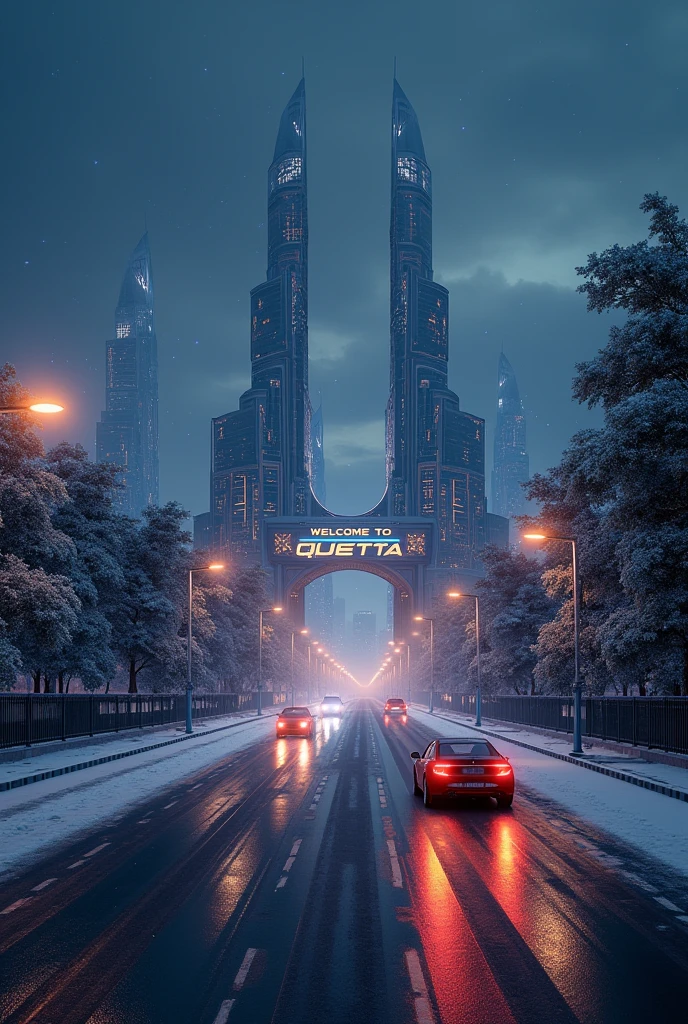 welcome to “Quetta ” written on top of entrance,with double entrance road ,trees on both side of road,futuristic,realistic sky,cars on roads and 4k results .night view with full lights with snow fall