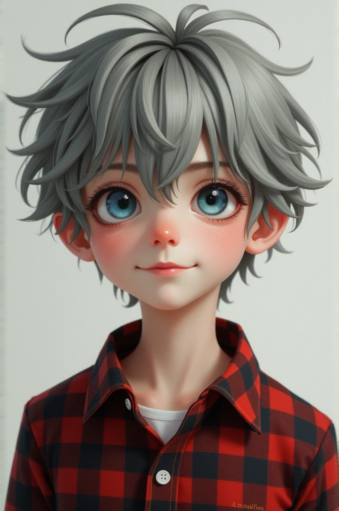 blue eyed boy, grey hair, pale skin and kind smile, red and black checked shirt 