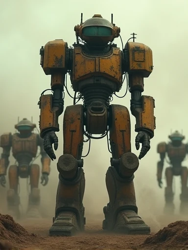 (Masterpiece.UHD.photorealistic analog photography. 1950 style) In a dystopian retro futuristic world. inside a 3 meter tall exo skeleton armor,  a tired warrior. His face shows emotions such as fatigue, sadness and fear.  Wires, tubes, diesel punk. Smoke. Steam. surrounded by 1930 clunky evil war robots. early evening light.