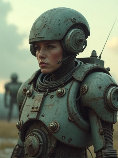 (Masterpiece.UHD.photorealistic analog photography. 1950 style) In a dystopian retro futuristic world. inside a 3 meter tall exo skeleton armor, a tired warrior. His face shows emotions such as fatigue, sadness and fear. Wires, tubes, diesel punk. Smoke. Steam. surrounded by 1930 clunky evil war robots. early evening light.