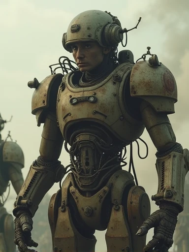 (Masterpiece.UHD.photorealistic analog photography. 1950 style) In a dystopian retro futuristic world. inside a 3 meter tall exo skeleton armor,  a tired warrior. His face shows emotions such as fatigue, sadness and fear.  Wires, tubes, diesel punk. Smoke. Steam. surrounded by 1930 clunky evil war robots. early evening light.