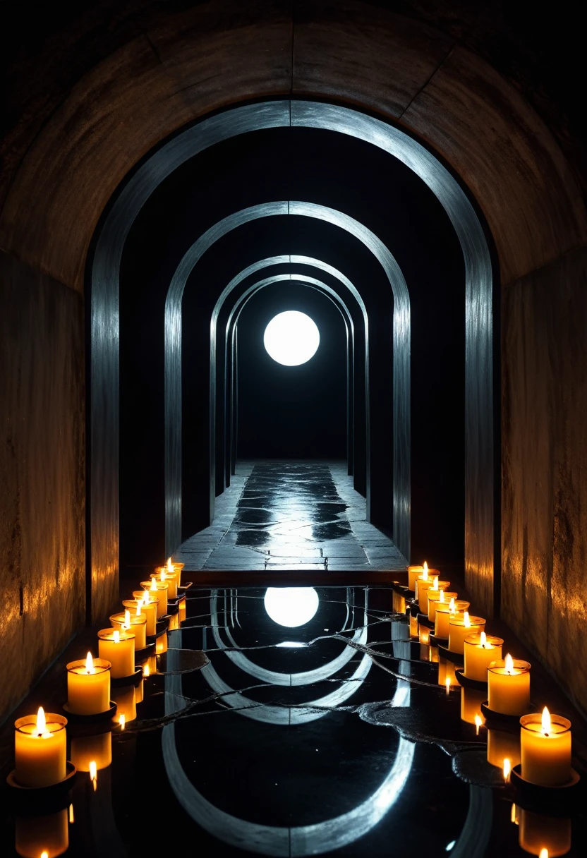 Occult, mystical, unrealistic, dark room at night, gorgeous old round mirror reflecting another small round mirror, double mirror, a mirror tunnel stretches on forever inside the mirror, when you light a candle inside it, a candle path is created inside the mirror tunnel, is it a path to the afterlife or maybe a demon's path, dramatic, dark and shadowy, there is only a mirror tunnel in the pitch black, high definition realistic, scary, demonic