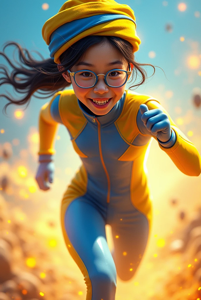 Chinese girl average age 15 year old wear jumpa shuit high tech(( blue yellow)). Running effect. Glowing yellow power. Runfast effect. Wear blue big glasses big frame. Braces teeth. Boleh background. Panning effect.wear yellow blue turban head cover .