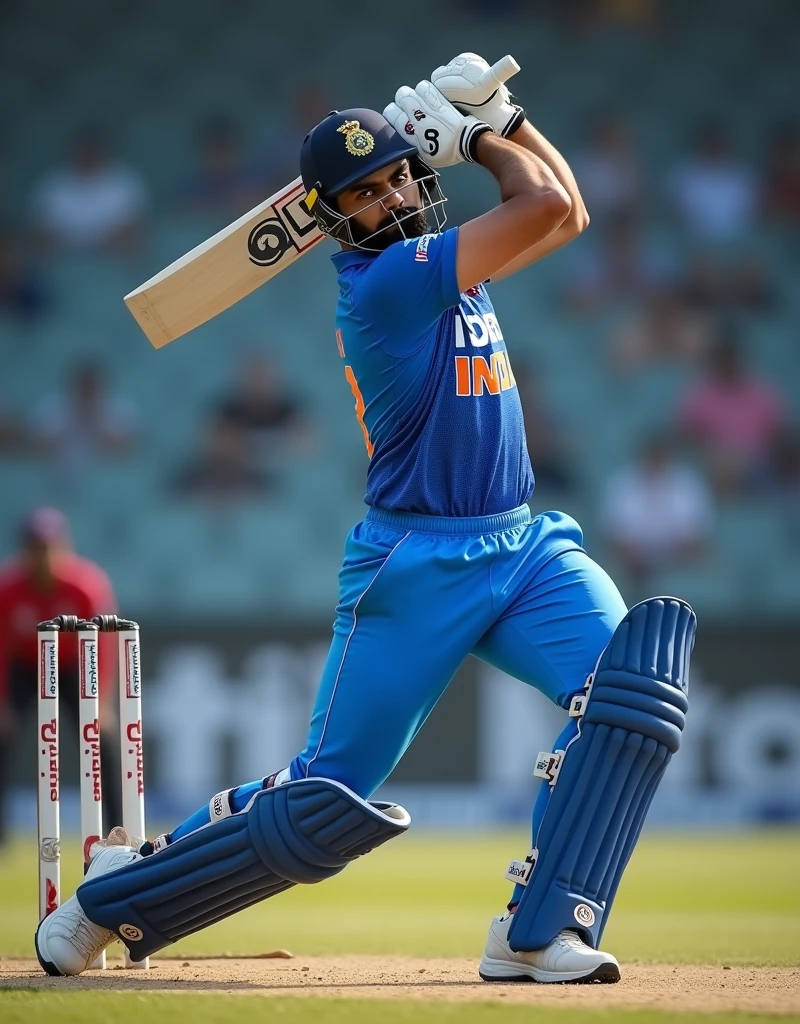 Show me a blue jersey with INDIA written on the back, cricket player Virat Kohli wearing white sneakers, holding a cricket ball in his right hand and pitching the ball from behind,drop shadow, anaglyph, stereogram, tachi-e, ass pov, atmospheric perspective, 8k, super detail, best quality