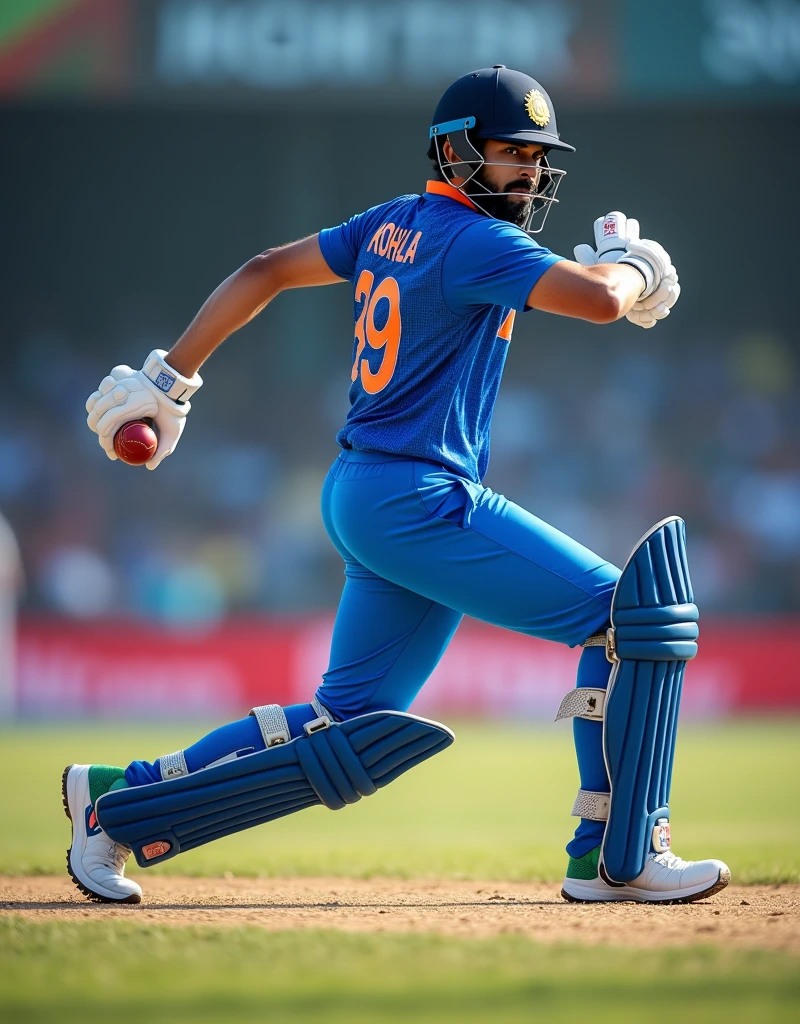 Show me a blue jersey with INDIA written on the back, cricket player Virat Kohli wearing white sneakers, holding a cricket ball in his right hand and pitching the ball from behind，drop shadow, anaglyph, stereogram, tachi-e, ass pov, atmospheric perspective, 8k, super detail, best quality