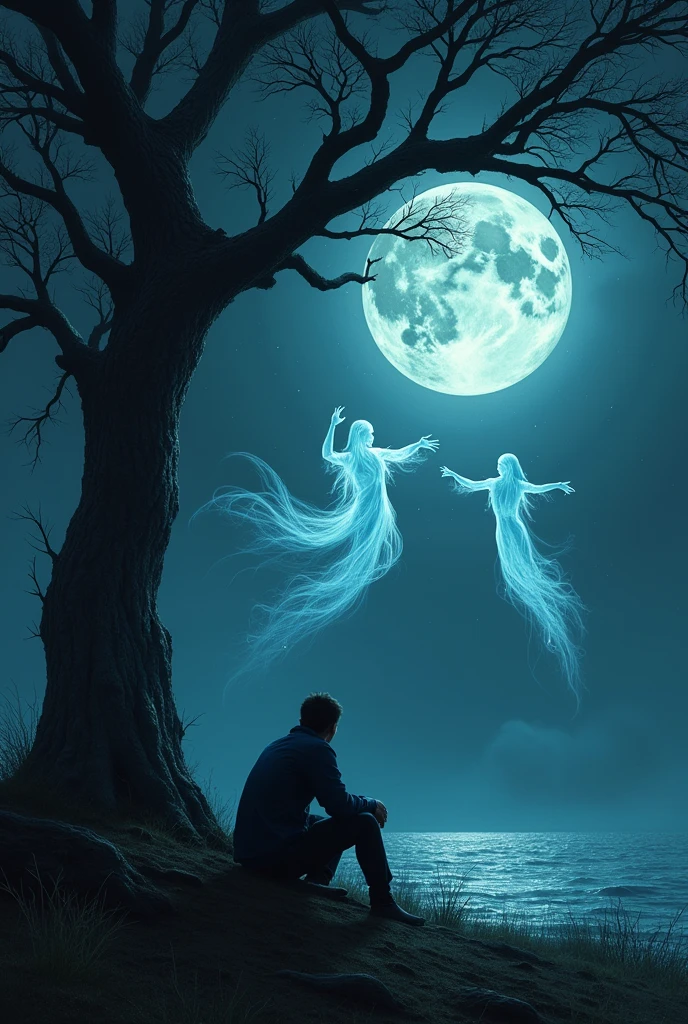 A man is sitting under a tree in a terrible moonlit night. Two spirits are meeting each other in the sky. The man sitting under the tree is scared and sees them.