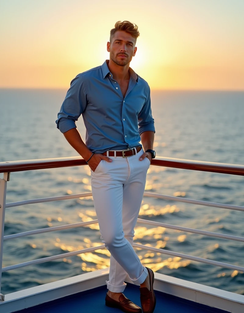 (((wide shot, full body, handsome 35 year old desirable caucasian man with distinguished features posing next to the railing on a cruise ship at sunrise))), (stylish blue shirt, white pants, loafers), (light brown crew cut hair, cropped sides, clean shaved face, intriguing brown eyes), muscular build, tall height, seductive smile with a flirty smile, detailed depiction of facial features, perfectly symmetrical face, bright outdoor sunrise lighting masterfully accentuates his excellent features blue atmosphere