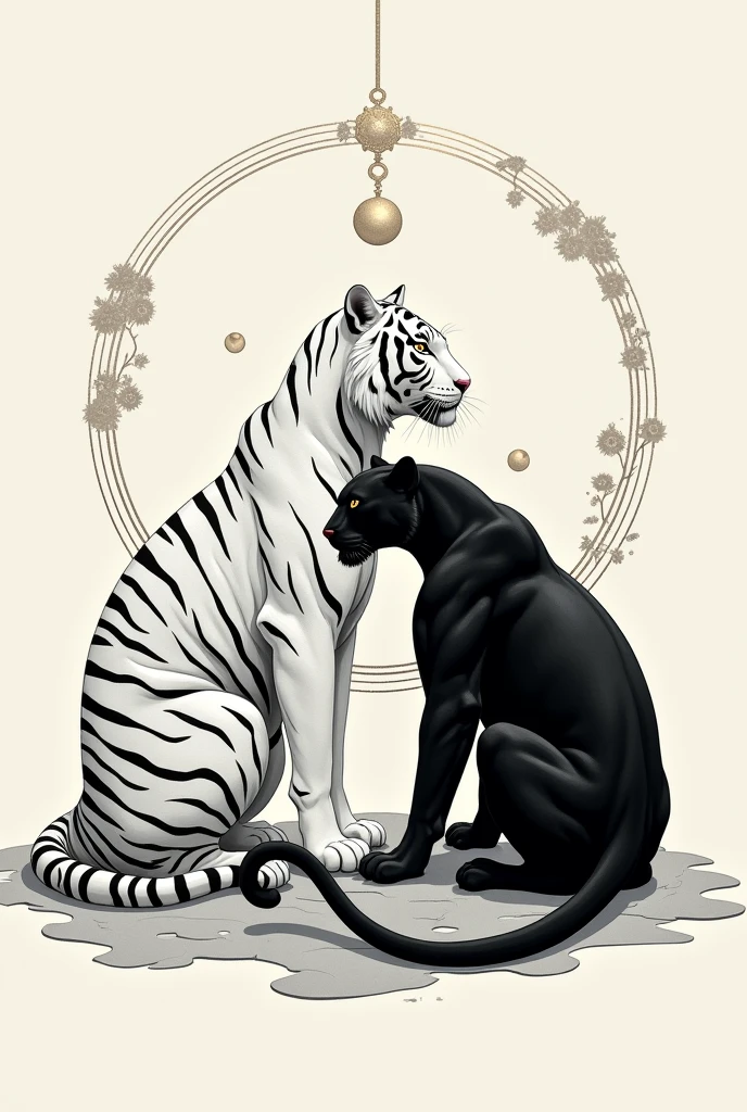 je veux une illustration du ying et du yang.
Le ying sera représenté par un tigre blanc, et le yang par une panthère noire.
L’illustration devra être un dessin épuré mais assez représentatif des deux animaux