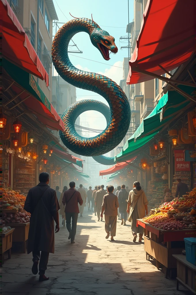 A big snake running in the middle of the market.