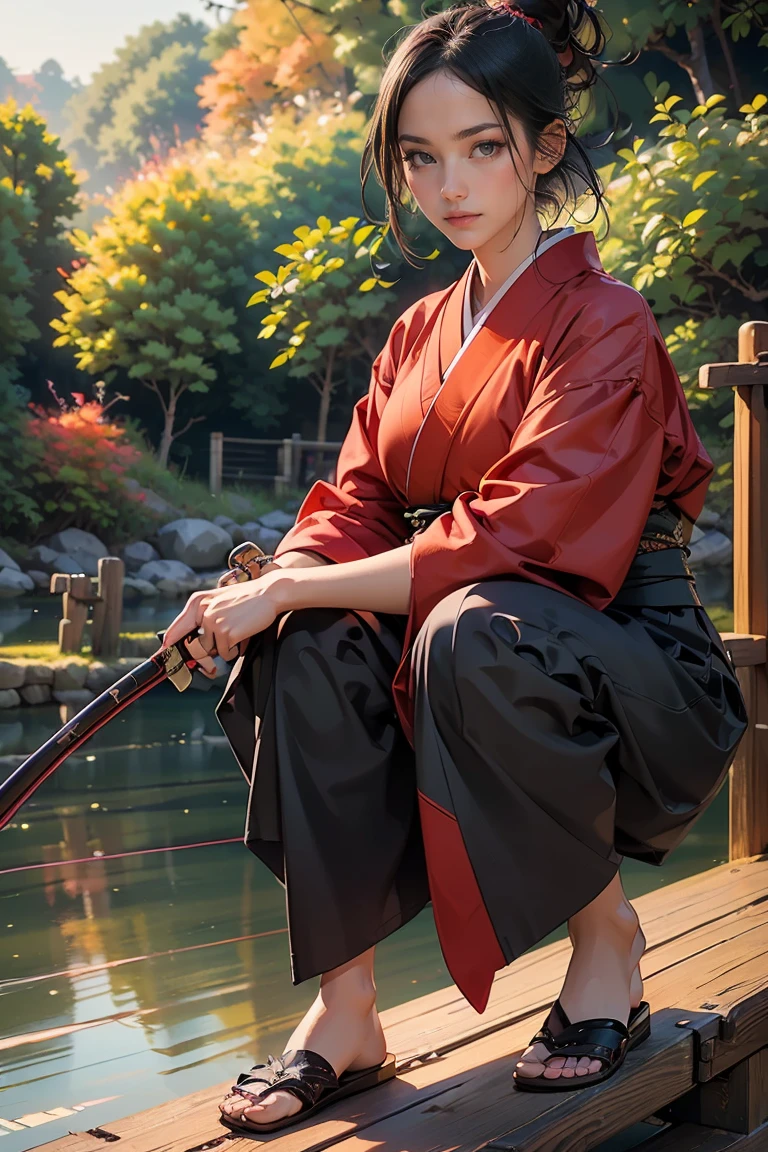 ((masterpiece, highest quality, Highest image quality, High resolution, photorealistic, Raw photo, 8K, Extremely detailed CG unified 8k wallpaper)), Fishing Samurai girl, black hair tied back, detailed beautiful face, detailed female hands, wearing red kimono and black hakama, holding a fishing rod, Caught a big fish, (Crouching on a wooden bridge, holding a fishing rod and casting the line into the river:1.3), 