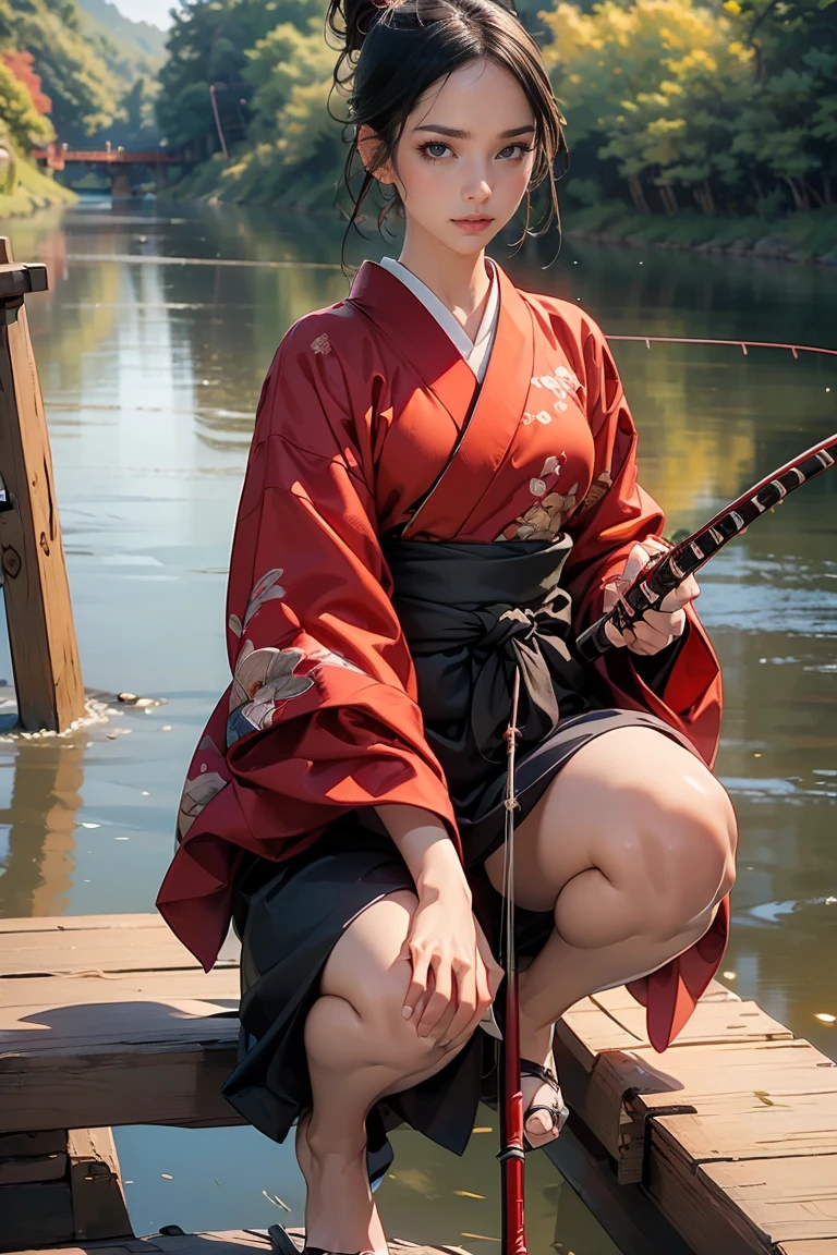 ((masterpiece, highest quality, Highest image quality, High resolution, photorealistic, Raw photo, 8K, Extremely detailed CG unified 8k wallpaper)), Fishing Samurai girl, black hair tied back, detailed beautiful face, detailed female hands, wearing red kimono and black hakama, holding a fishing rod, Caught a big fish, (Crouching on a wooden bridge, holding a fishing rod and casting the line into the river:1.3), 