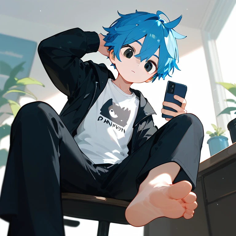 A cute boy sit on the chair，Low Angle，Holding a mobile phone，Black eyes，barefoot，Blue Hair，There is a blue Unicorn on the head，black eyes，White T-shirt，Black jacket，Black pants，Perfect feet，A big foot，Lift one foot，Stand on one foot