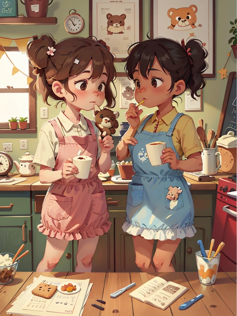 there are two teddy bears that are eating cake together, a picture by Kubisi art, pixiv, furry art, in the kitchen, in a kitchen, cooking, cute art style, afternoon time, daily life, baking artwork, cute bakery shop, background art, cute kitchen, morning time, cute illustration, 🪔 🎨;🌞🌄, 🍁 cute