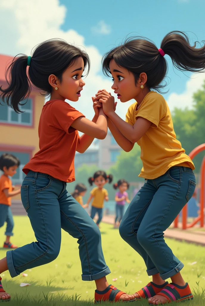 2 Indian girls fighting at school playground wearing pants