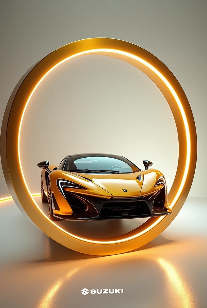 Realistic Lamborghini sports car emerging from a golden circular elegant frame, with lights around, and the Suzuki title at the bottom
