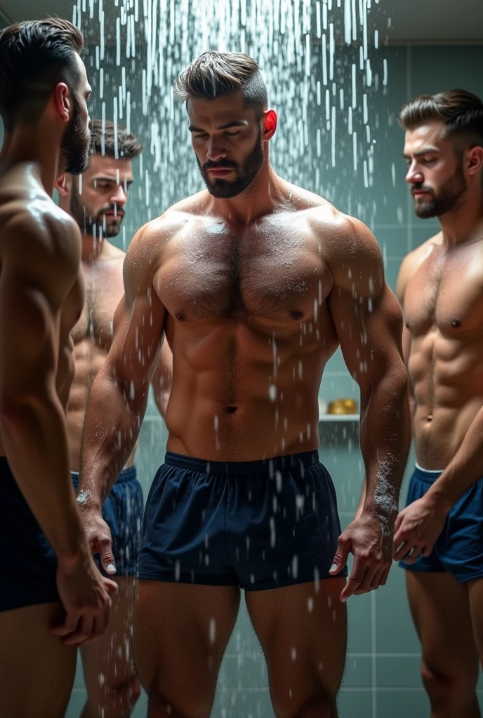 Strong, hairy mixed-race police officer in navy blue underwear under the shower having his body soaped by other men.