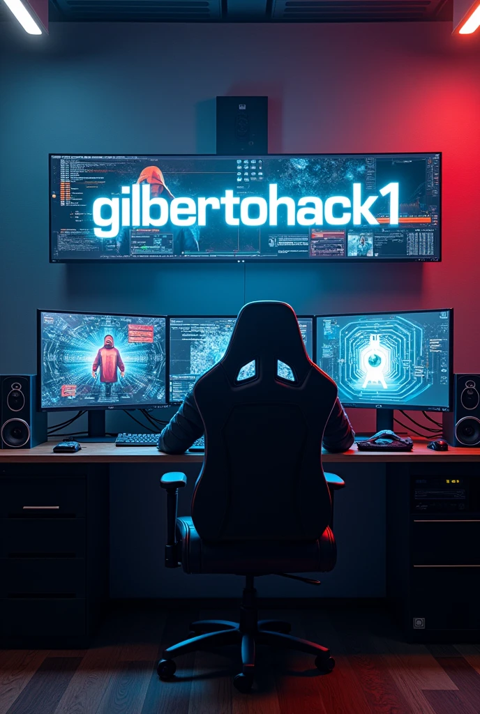 Epic super realistic photography, from a fourth gamer, with a computer and large screens, He also has a gamer chair which has the name Gilberto, and on the screens is the name GilbertoHack1 in large letters, In the others there are programmed images of hackers Super realistic epic There is no one the chair is empty, only the room and the computers