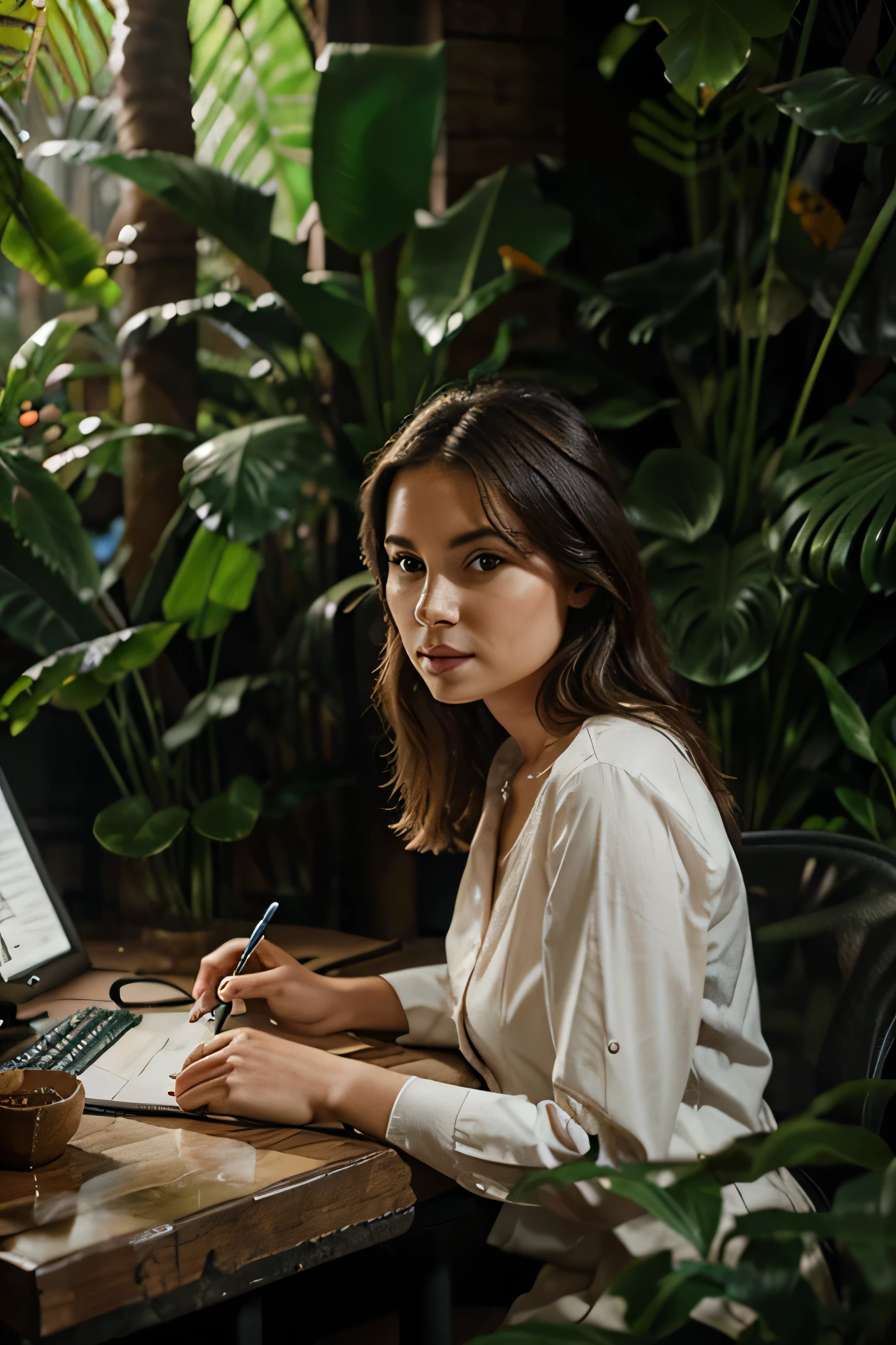 Woman at desk in jungle with animals in background